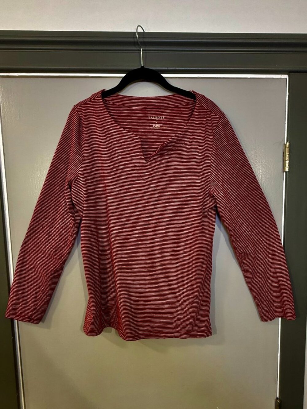 Title: Talbots Red White Striped Split Neck Long Sleeve Top Women’s M